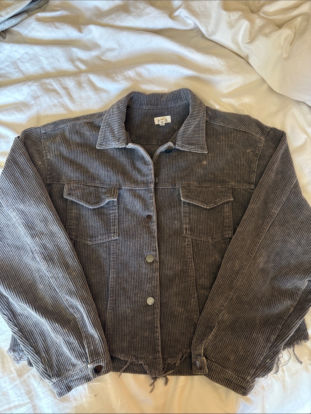 POL Washed Grey Corduroy Cropped Button Up Jacket, Size Medium